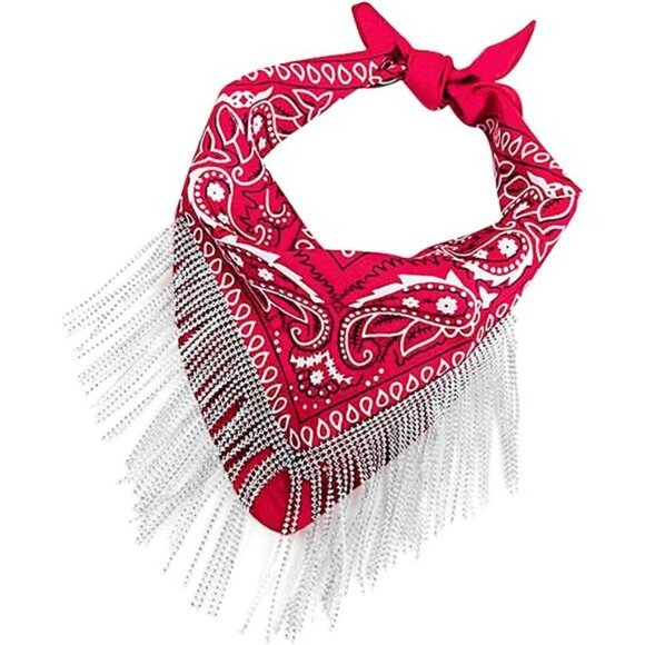 Red Paisley Bandana Scarf with Rhinestone Fringe – Western Festival Accessory - Picture 2 of 6